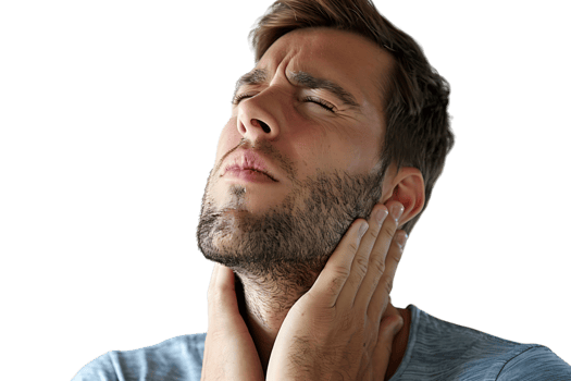 Man with painful expression rubs his neck on isolated transparent background png