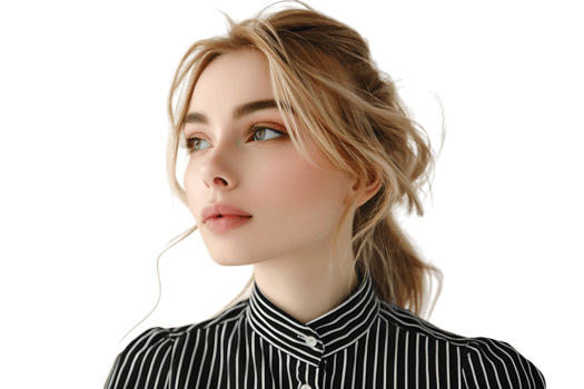 Portrait girl looking away blonde dressed in striped shirt. Fashion concept on isolated transparent background png
