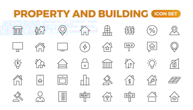 Set of line icons related to real estate, property, buying, renting, house, home. Outline icon collection. illustration. Real estate Big UI set in a flat design. Thin outline pack. vector