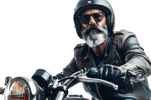 Portrait of biker looking away wearing leather jacket helmet and sunglasses on isolated transparent background png