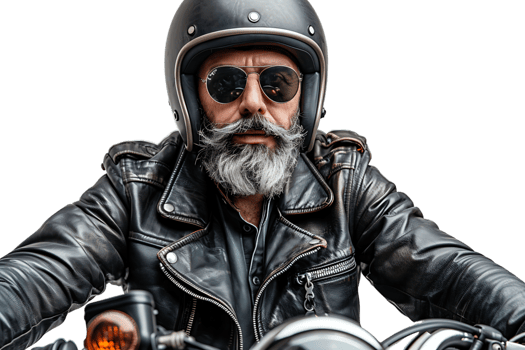 Portrait of biker looking away wearing leather jacket helmet and sunglasses on isolated transparent background png