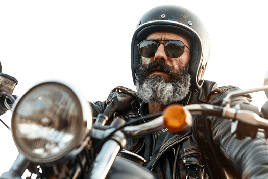 Portrait of biker looking away wearing leather jacket helmet and sunglasses on isolated transparent background png