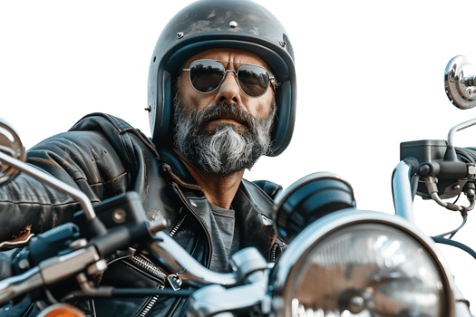 Portrait of biker looking away wearing leather jacket helmet and sunglasses on isolated transparent background png