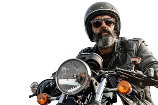 Portrait of biker looking away wearing leather jacket helmet and sunglasses on isolated transparent background png