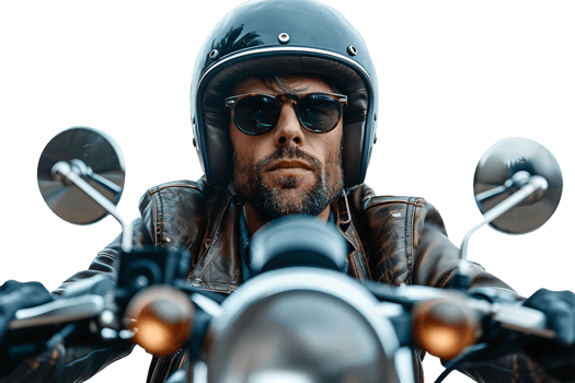 Portrait of biker looking away wearing leather jacket helmet and sunglasses on isolated transparent background png