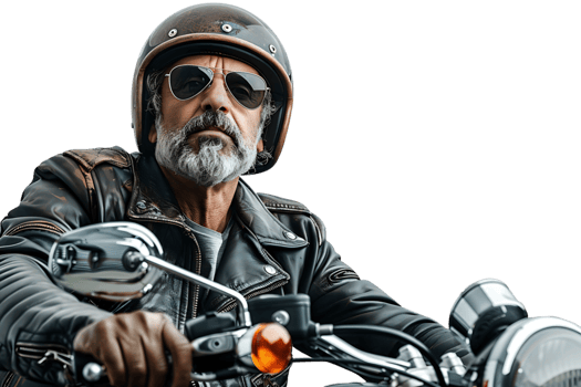 Portrait of biker looking away wearing leather jacket helmet and sunglasses on isolated transparent background png