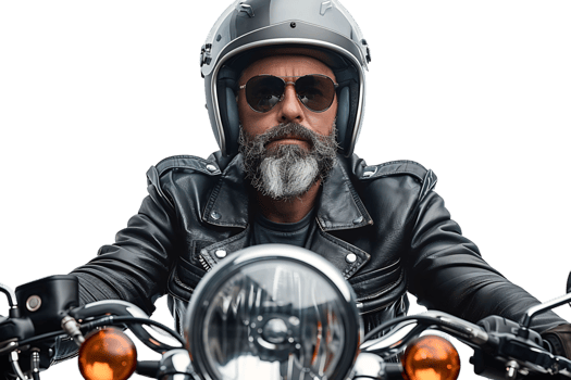 Portrait of biker looking away wearing leather jacket helmet and sunglasses on isolated transparent background png