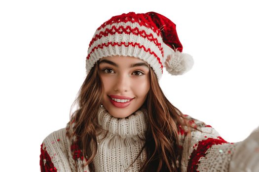 Woman in santa hat and sweater makes selfie on isolated transparent background png