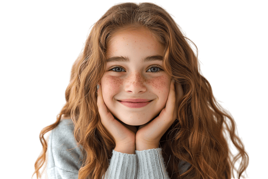 Cheerful Girl Touching Face Smiling To Camera, on isolated transparent background png