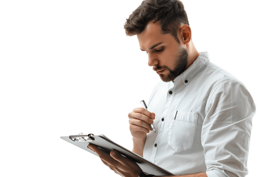 Handsome supervisor writing notes on clip board on isolated transparent background png