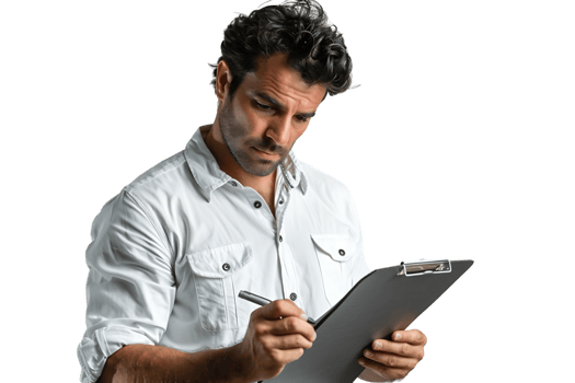 Handsome supervisor writing notes on clip board on isolated transparent background png