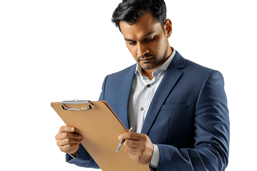 Handsome supervisor writing notes on clip board on isolated transparent background png
