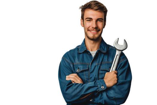 Portrait of a young mechanic holding a wrench on isolated transparent background png