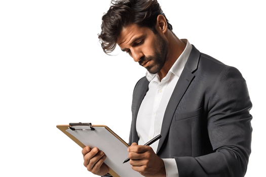 Handsome supervisor writing notes on clip board on isolated transparent background png