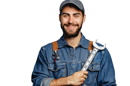 Portrait of a young mechanic holding a wrench on isolated transparent background png