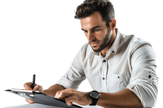 Handsome supervisor writing notes on clip board on isolated transparent background png