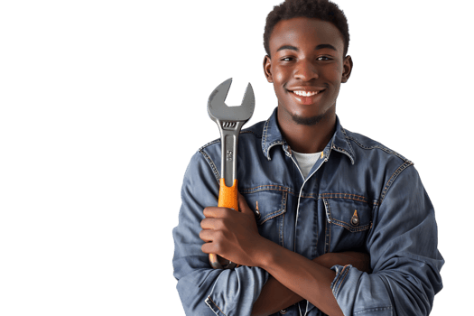 Portrait of a young mechanic holding a wrench on isolated transparent background png