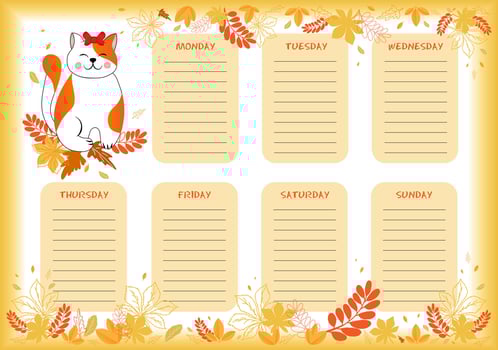 School planner with cute little red cat in colorful autumn design. vector