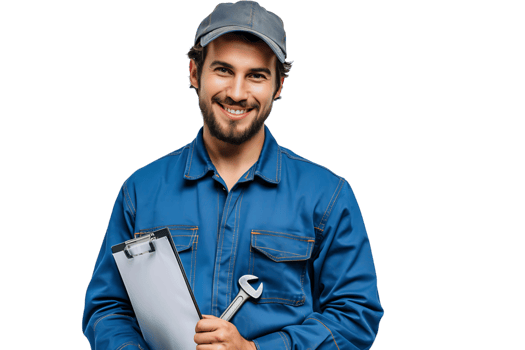 Portrait of a young mechanic holding a wrench on isolated transparent background png