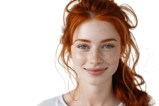 Portrait of young redhead woman smiling on isolated transparent background png