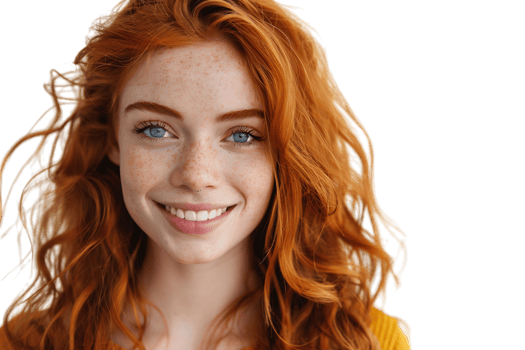 Portrait of young redhead woman smiling on isolated transparent background png