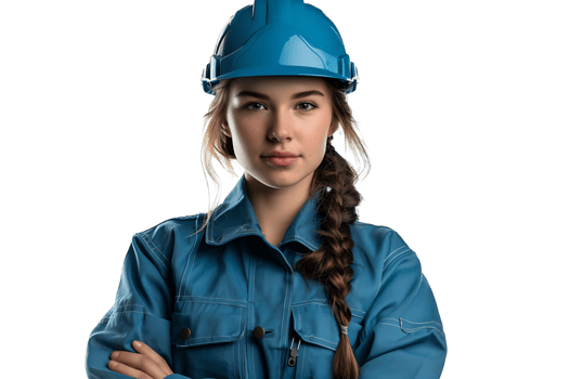 Pretty young cross-armed female engineer in blue workwear and safety helmet on isolated transparent background png