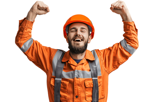 Young constructor man wearing uniform and security helmet with arms raised on isolated transparent background png