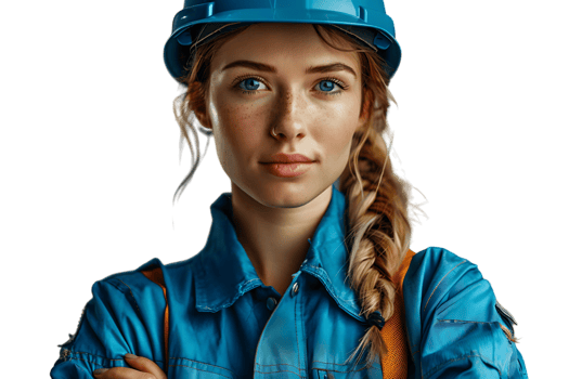 Pretty young cross-armed female engineer in blue workwear and safety helmet on isolated transparent background png