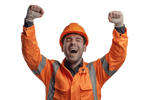 Young constructor man wearing uniform and security helmet with arms raised on isolated transparent background png