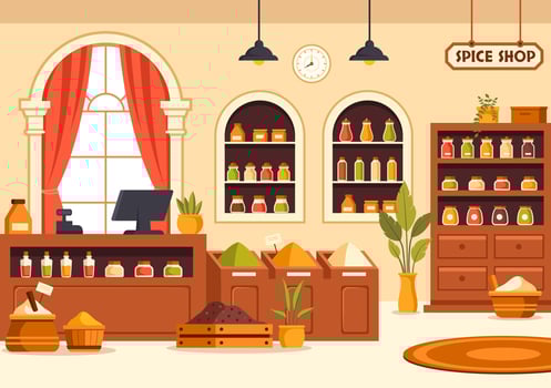Spice Shop Illustration With Different Hot Sauces, Condiment, Exotic Fresh Seasoning and Traditional Herbs in Flat Cartoon Background vector
