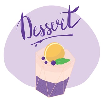 Tasty panna cotta with blueberry and macaroon in glass. Delicious dessert. illustration with lettering. Postcard, poster, banner. Illustration for menu or flyer. vector