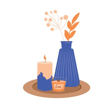 Interior elements, candles, aromatherapy, leaves in vase. Decorative design elements. Hand drawn illustration isolated on white background in modern trendy flat cartoon style. vector
