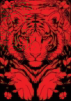 The background features red abstract stripes, inspired by tiger patterns and leaves vector