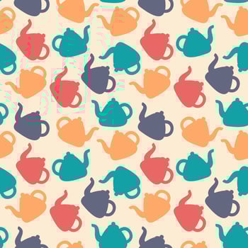 Pattern of multi-colored silhouettes of a teapot. Kettle. Kitchen seamless print for tea party. Kitchenware. Simple view Utensils. Tea ceremony. Color image. Flat design. illustration vector