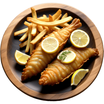 Delicious fried fish and chips with lemon and dipping sauce on wooden plate png
