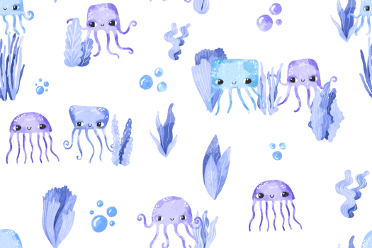 Seamless pattern with blue jellyfish and algae. Undersea world. Background for children. Ideal for textiles, wrapping paper, children's room png