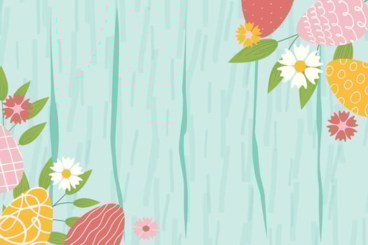 Easter background for banner, template. Trendy Easter design with flowers, basket of easter eggs, in pastel colors with texture on wooden background. Flat illustration. vector