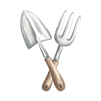 Trowel and rake. Gardening tools and supplies. Hand drawn watercolor illustration, isolated composition for cultivating land, growing. Equipment for garden, plant. Template for package, sticker, print png