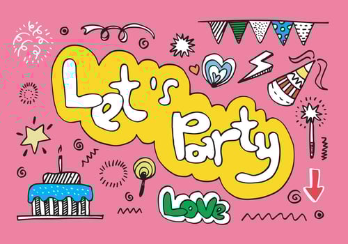Let s party. Hand drawn cartoon illustration. colorful hand drawn lettering for card, poster, banner. vector