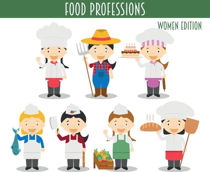 Set of Food Industry Professions in cartoon style. Women Edition. vector