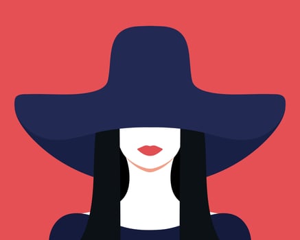 Abstract portrait of a brunette woman in a hat. Elegant woman with hat covering her eyes. Faceless portrait. illustration vector