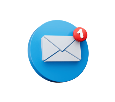 A blue circle with a white envelope and the letter 1 on it. Mail icon. 3d illustration png
