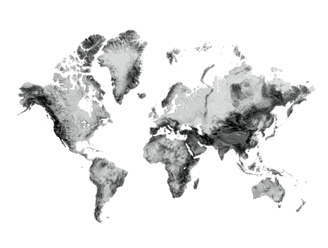 3d World Map Black And White Shaded Relief Hypsometric Map, 3d illustration png