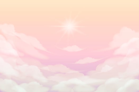 Pink sky with clouds and sun. Fantasy gentle background of dawn in soft colors. Fairytale landscape vector