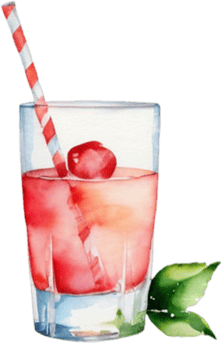 a watercolor drawing of a cocktail with a straw and cherry png