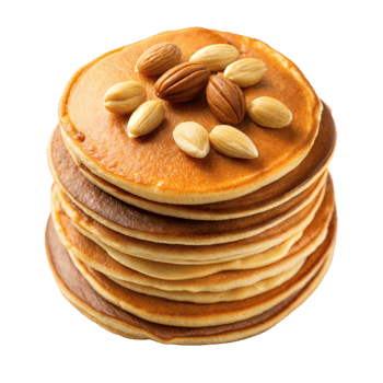 A tall stack of fluffy pancakes adorned with almonds png