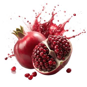 A cut pomegranate with seeds and juice splashing out png