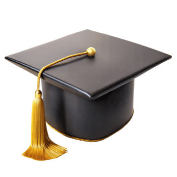 A graduation cap, also known as a mortarboard, with a gold tassel set against a transparent backdrop png