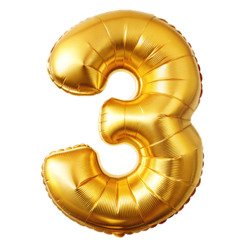 A shiny golden balloon in the shape of the number three png