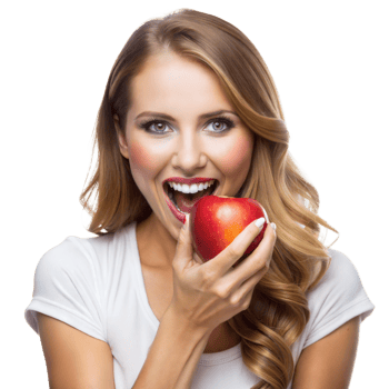 A cheerful lady enjoys a fresh apple, capturing a moment of healthy snacking png